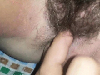 He fingers Hairy Teen vagina until she cums