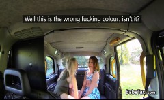 Female taxi driver fucks busty blonde lesbian