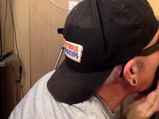 Gray DILF sucks and tugs gloryhole dick