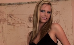 Non stop blonde with big boobs cock jerks off on the bed
