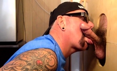 Naughty moustache sucking in glory hole
