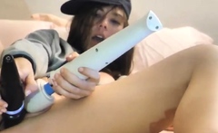 Brunette and her toys have close up masturbation sex
