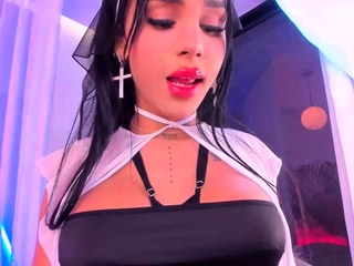 Busty curly brunette with big boobs fucks on couch