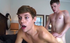 Skinny pretty faced teen goes down on his first cock